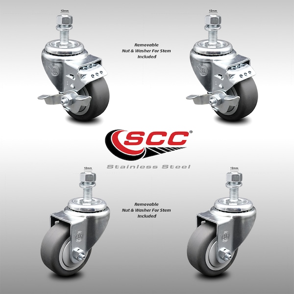 Service Caster 3 Inch SS Thermoplastic Rubber Swivel 1/2 Inch Threaded Stem Caster Brakes, 2PK SCC-SSTS20S314-TPRB-M1215-2-TLB-2 - main